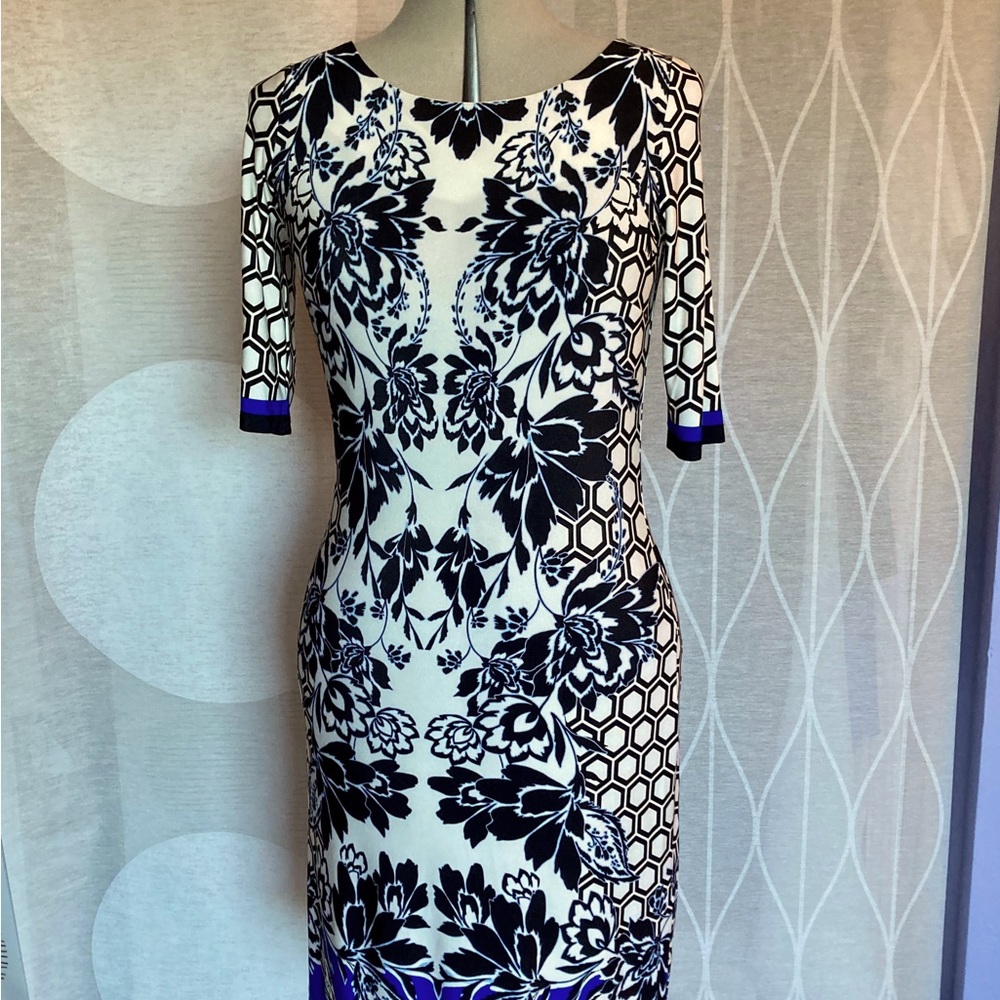 Graphic floral print jersey sheath dress with elbow length sleeves